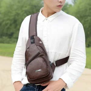 Simple and Fashionable Casual Solid Color PU Multifunctional USB Charging Zipper MEN'S Chest Bag Crossbody Bag for Commuting (Tan)