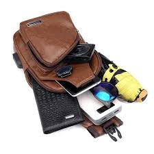 Simple and Fashionable Casual Solid Color PU Multifunctional USB Charging Zipper MEN'S Chest Bag Crossbody Bag for Commuting (Tan)